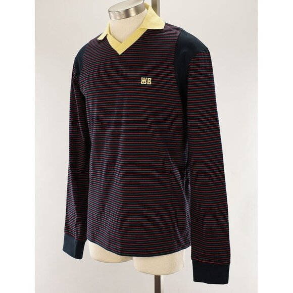 WALES BONNER Navy Red Striped SONIC Long Sleeve Cotton Polo